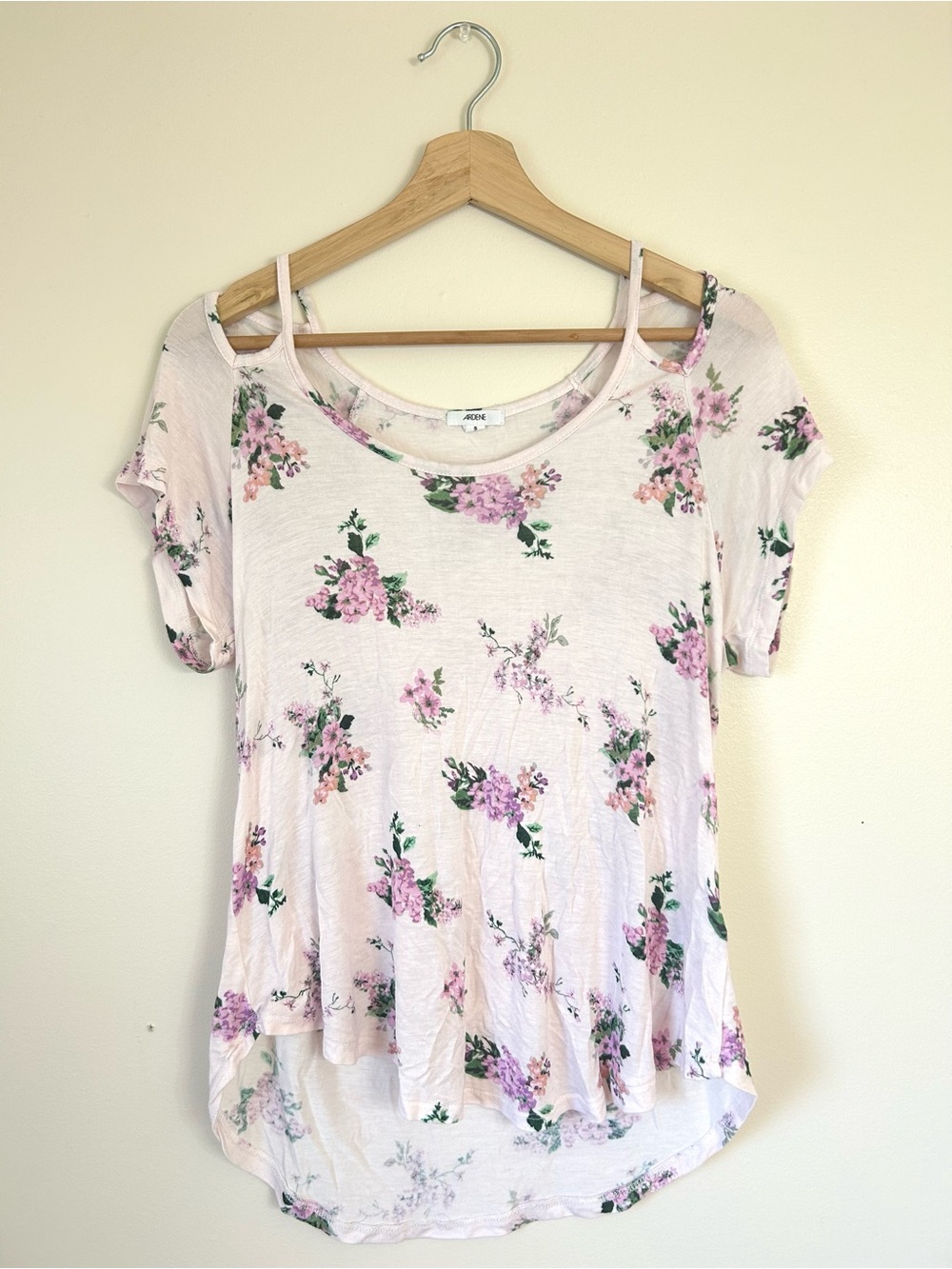 Ardene Tee w/Cut Outs - Lightweight, Pastel Floral Pink and Rounded Flowy Hem